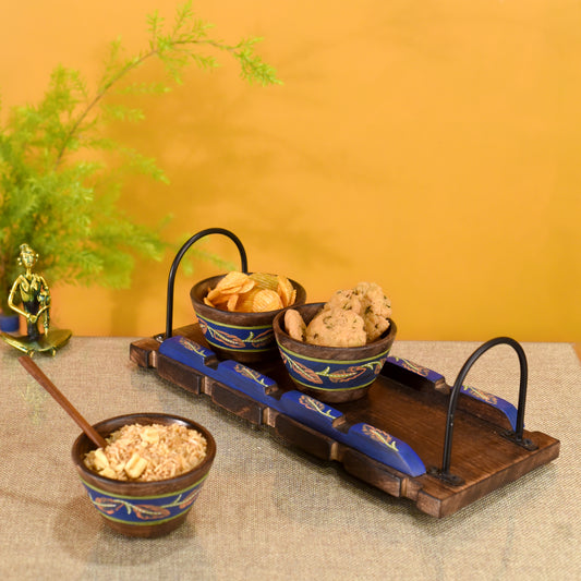 Wooden Bowls & Tray Hand-painted, Metal Handles