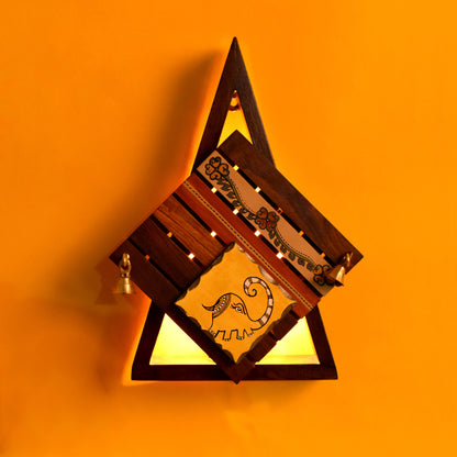 Wall Lamp in Triangular Shape Handcrafted in Wood with Tribal Motifs (8.5x3.5x12.5")