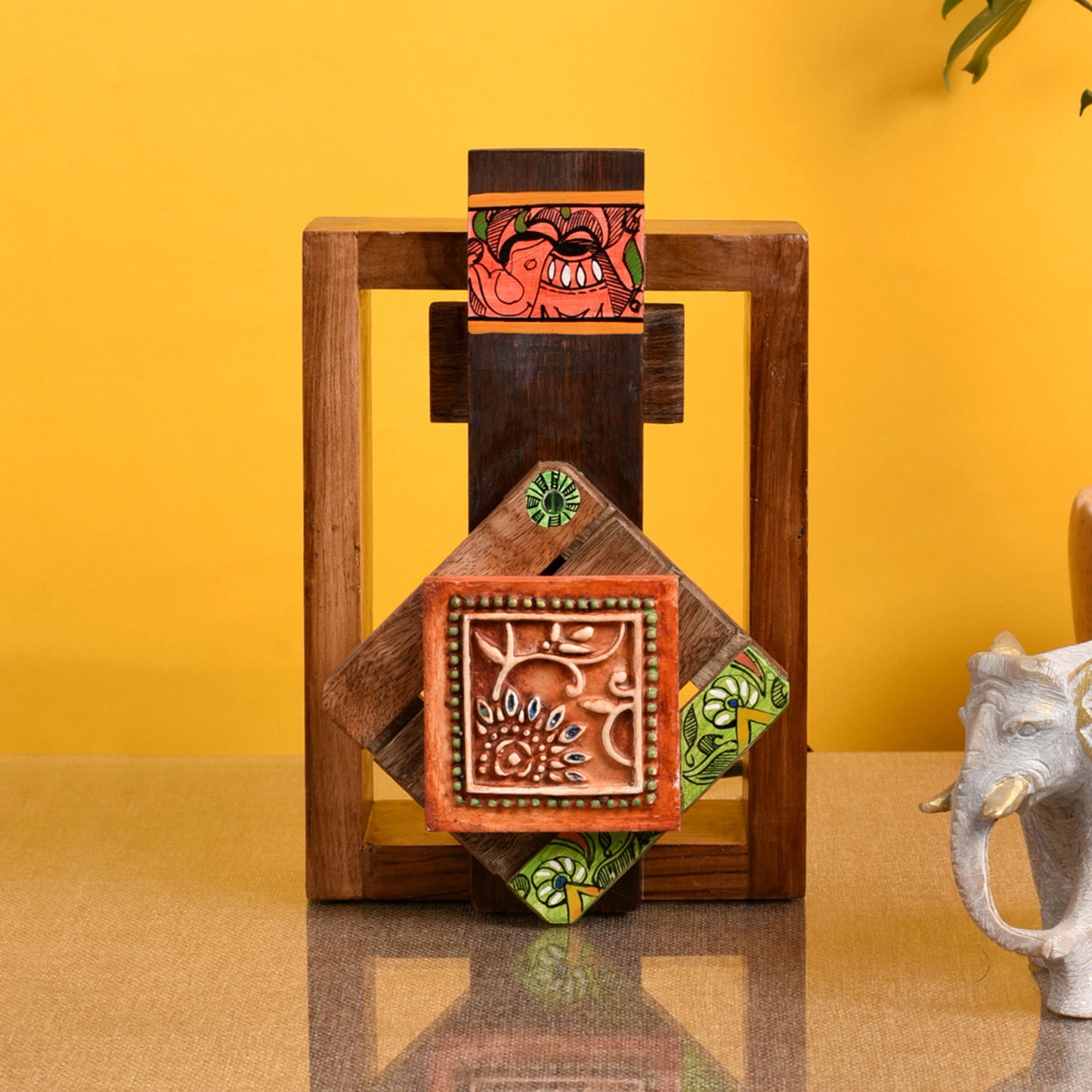 Wall Lamp Handcrafted in Wood with Tribal Motifs (6x4x9")
