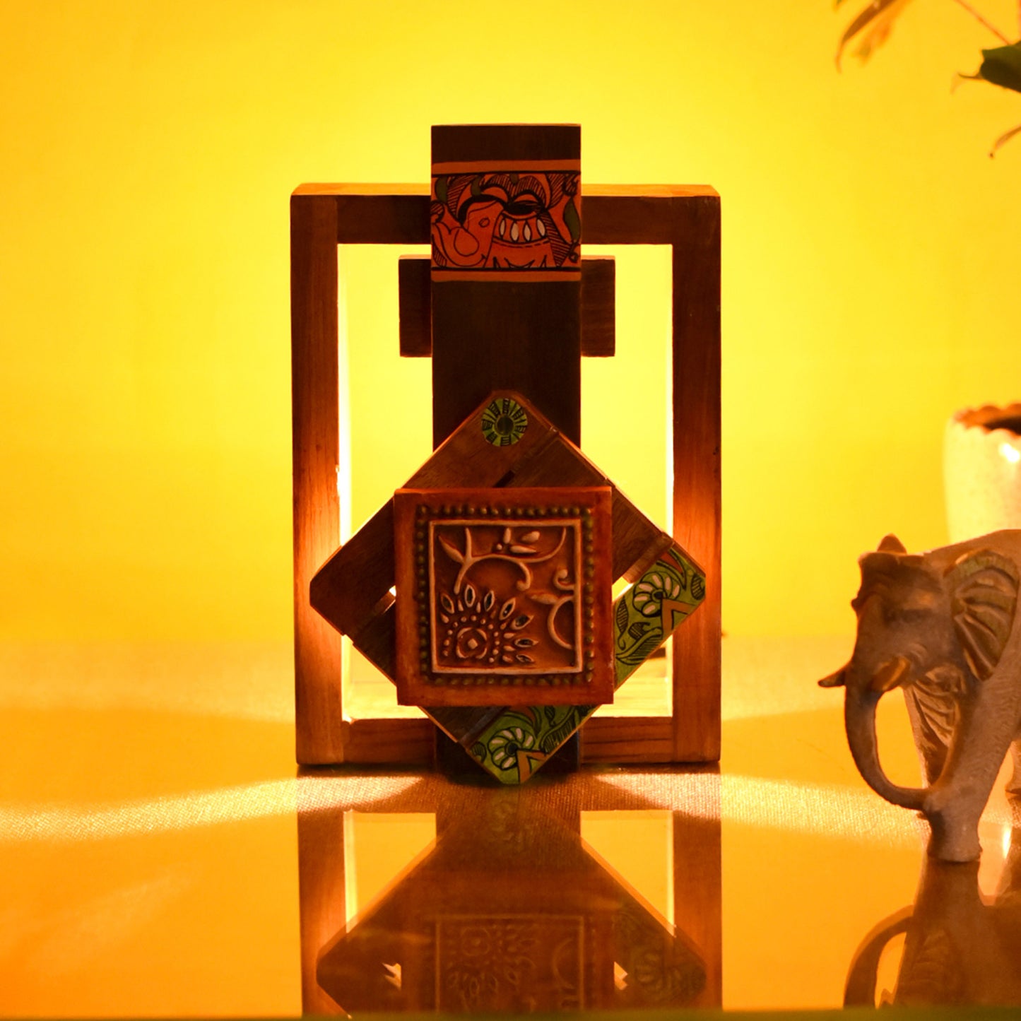Wall Lamp Handcrafted in Wood with Tribal Motifs (6x4x9")