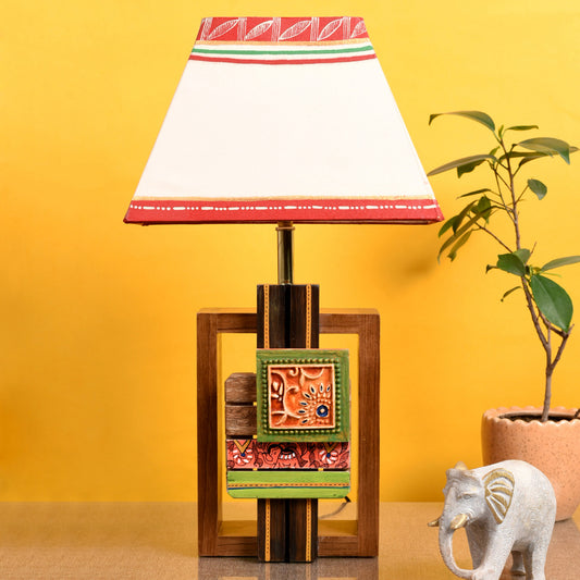 Table Lamp Handcrafted in Wood with Tribal Motifs & White Shade (6x4x12.5")