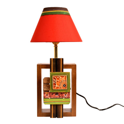 Table Lamp Handcrafted in Wood with Tribal Motifs & Red Shade (6x4x12.5")