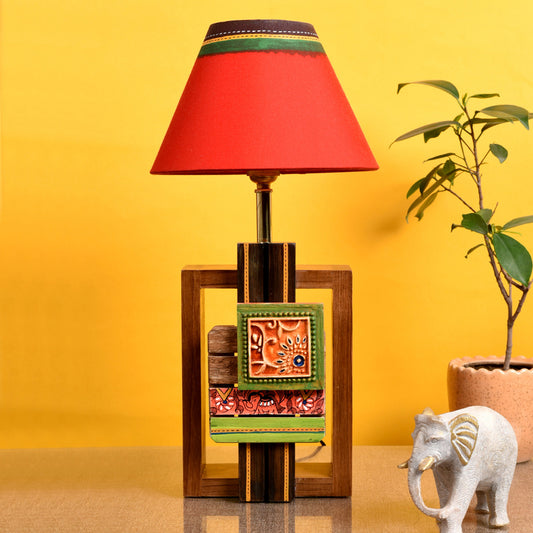 Table Lamp Handcrafted in Wood with Tribal Motifs & Red Shade (6x4x12.5")