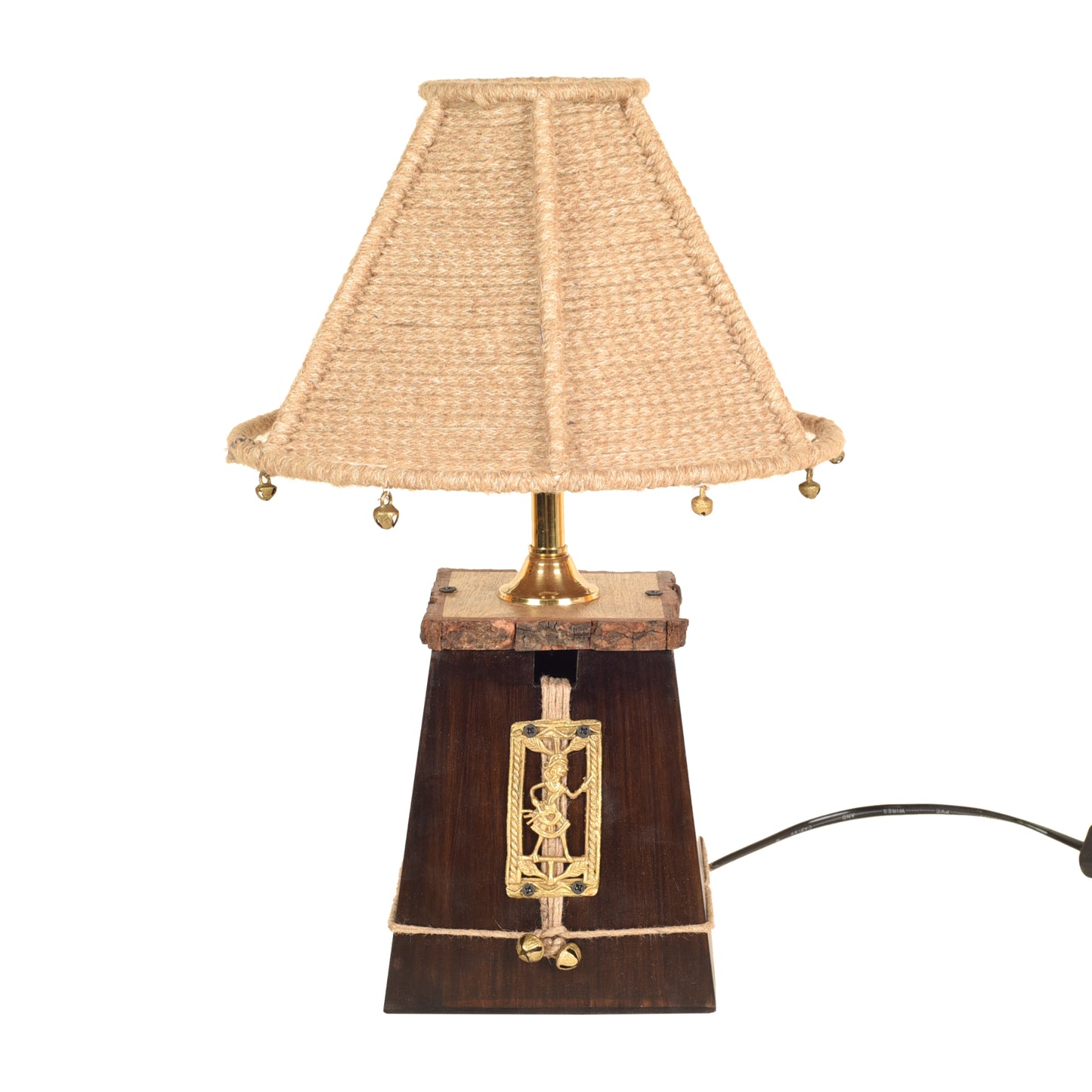 Handcrafted Dhokra Art Teak Wood Table Lamp with Jute Shade (5.5 x 5 in)