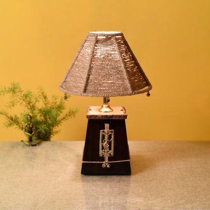 Handcrafted Dhokra Art Teak Wood Table Lamp with Jute Shade (5.5 x 5 in)