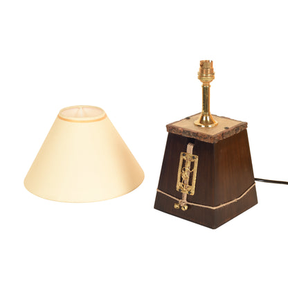 Handcrafted Dhokra Art Teak Wood Table Lamp with White Cotton Shade (5.5 x 5 in)
