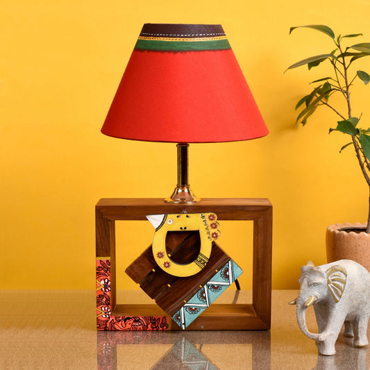 Table Lamp Handcrafted in Wood with Tribal Motifs and Bird with Red Shade (8x4x10.7")