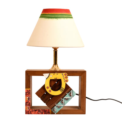 Table Lamp Handcrafted in Wood with Tribal Motifs and Bird with White Shade (8x4x10.7")