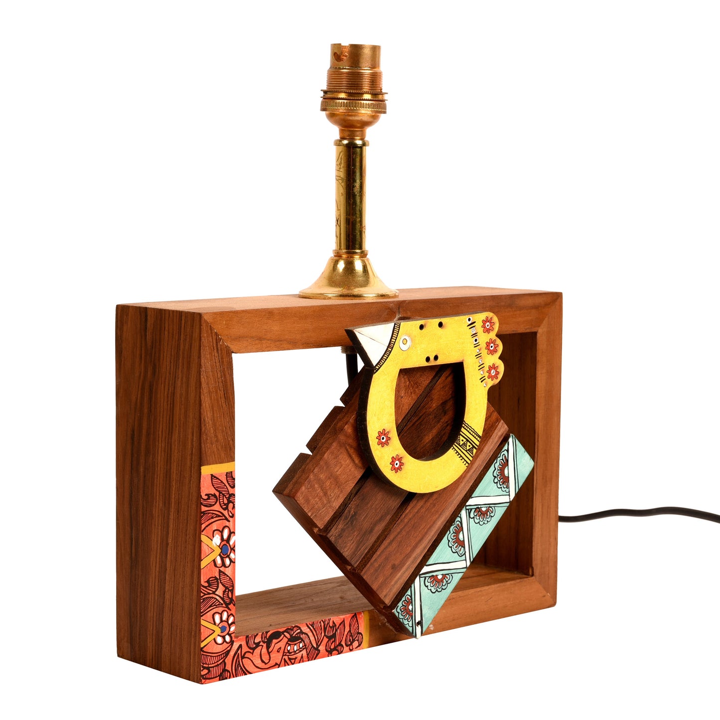 Table Lamp Handcrafted in Wood with Tribal Motifs and Bird with White Shade (8x4x10.7")
