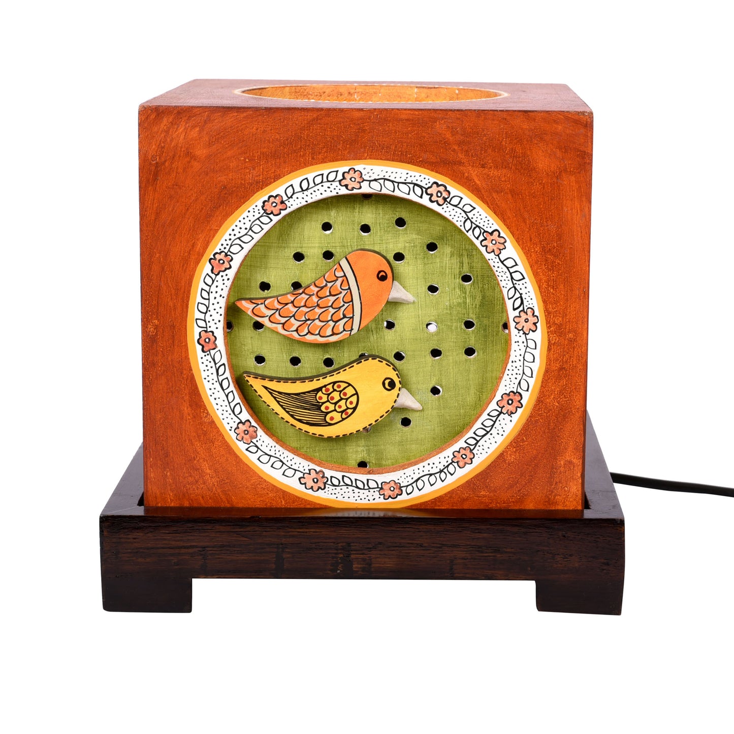 Table Lamp Handcrafted in Wood with Orange Fly Bird motif (8x8x7.5")