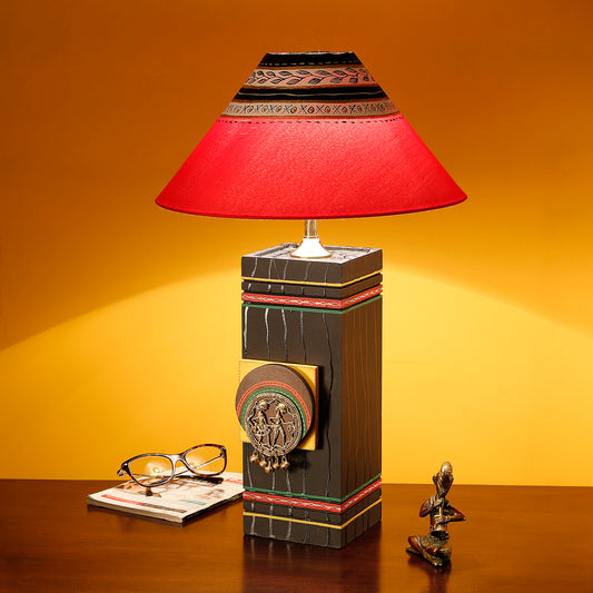 Table Lamp in Wood handcrafted with Dhokra/Warli art, Black Base, Red 8"Shade (5x5x12)