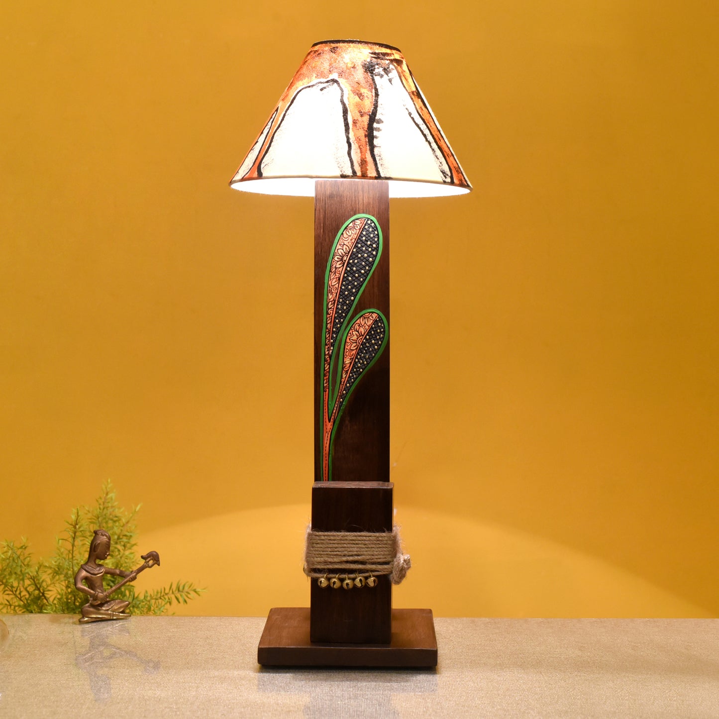 Handpainted Wooden Table Lamp with Cotton Shade