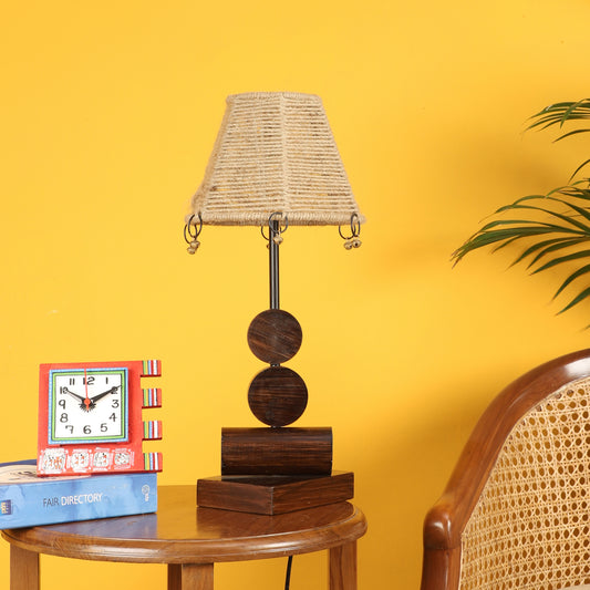 Tao Wooden Table Lamp with Tapered Drum Jute Shade-Height - 19''