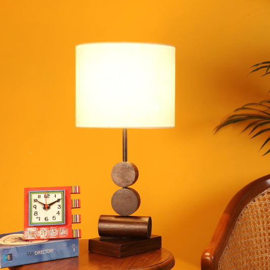 Tao I Wooden Table Lamp with Shallow Drum Shade-Height - 21''
