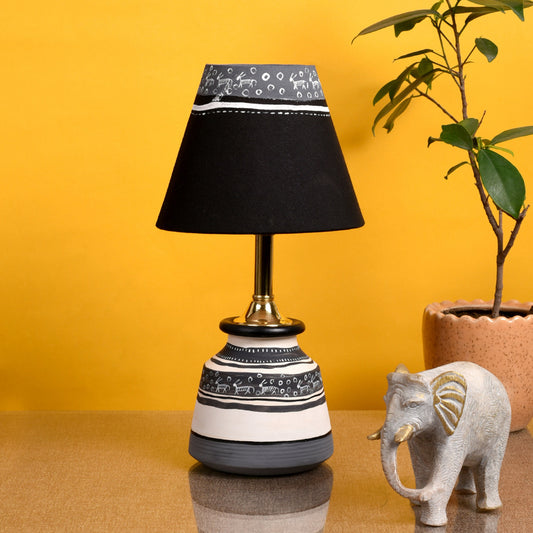 Table Lamp B&W Small Earthen Handcrafted with Black Shade (9x4.5")