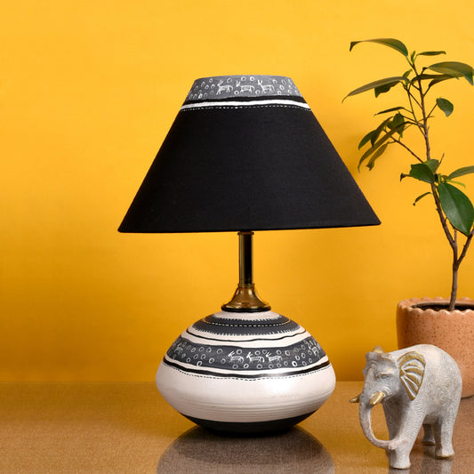 Table Lamp B&W Earthen Handcrafted with Black Shade (9.5x7")