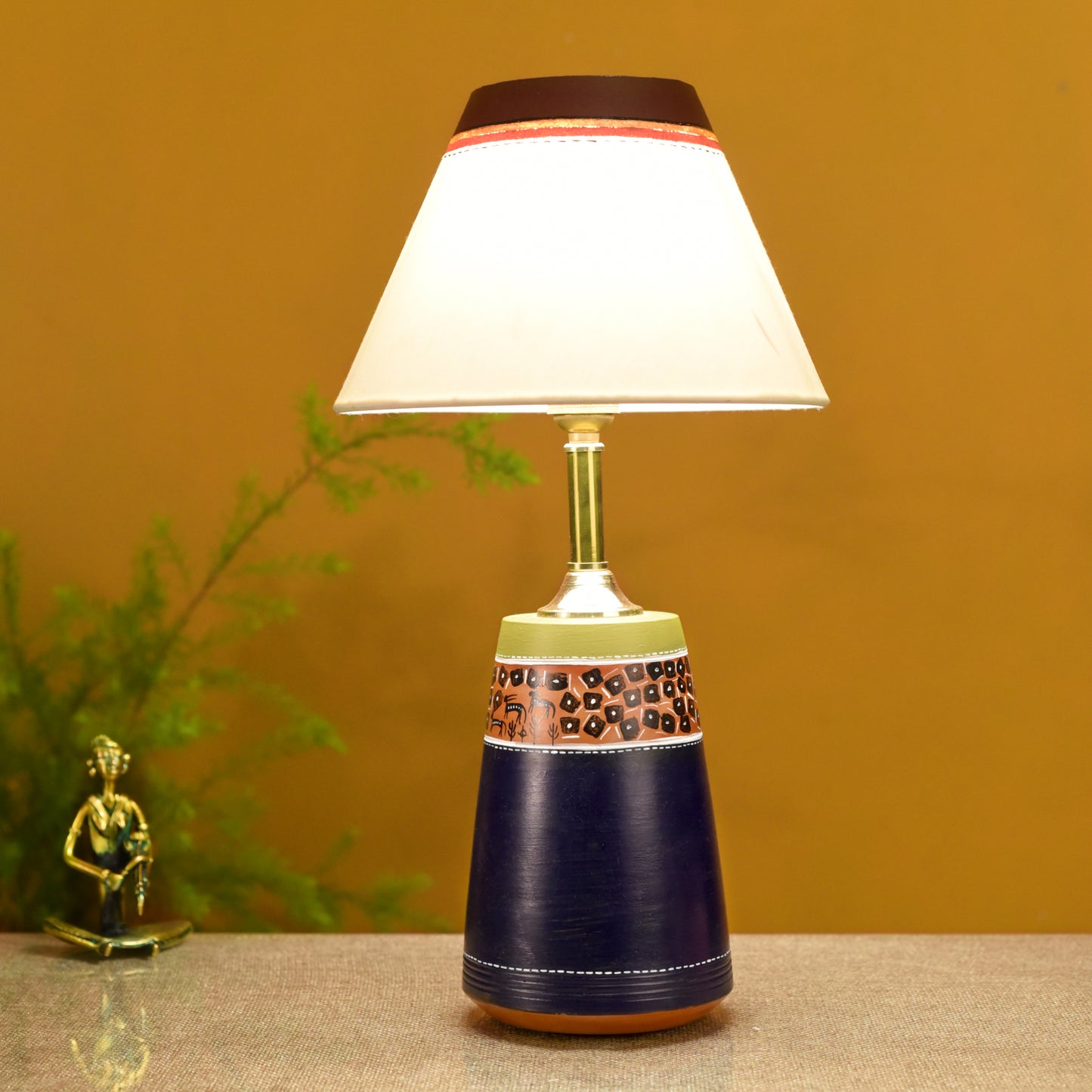 Handpainted Midnight Blue Earthen Lamp with White Shade