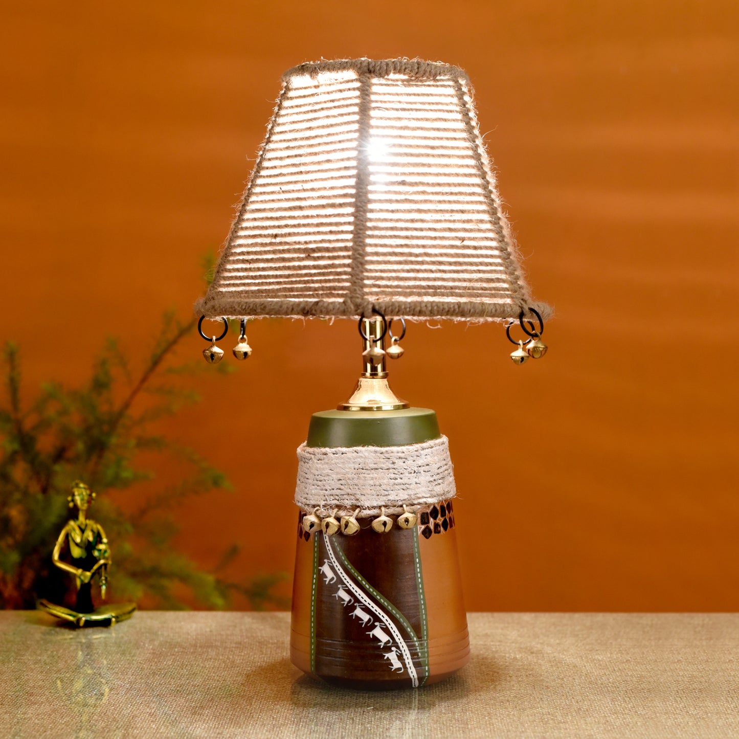 Hand Knitted Earthen Lamp with embellished Jute Shade (16x4.5")
