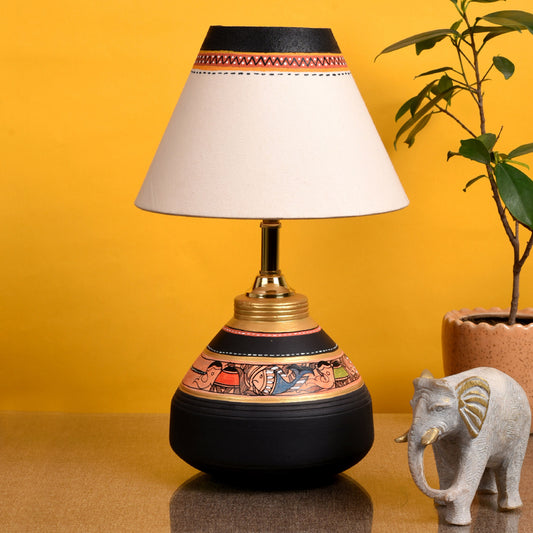 Table Lamp Black Earthen Handcrafted with White Shade (9.5x6")