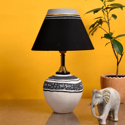 Table Lamp B&W Earthen Handcrafted with White Shade (9x5.3")