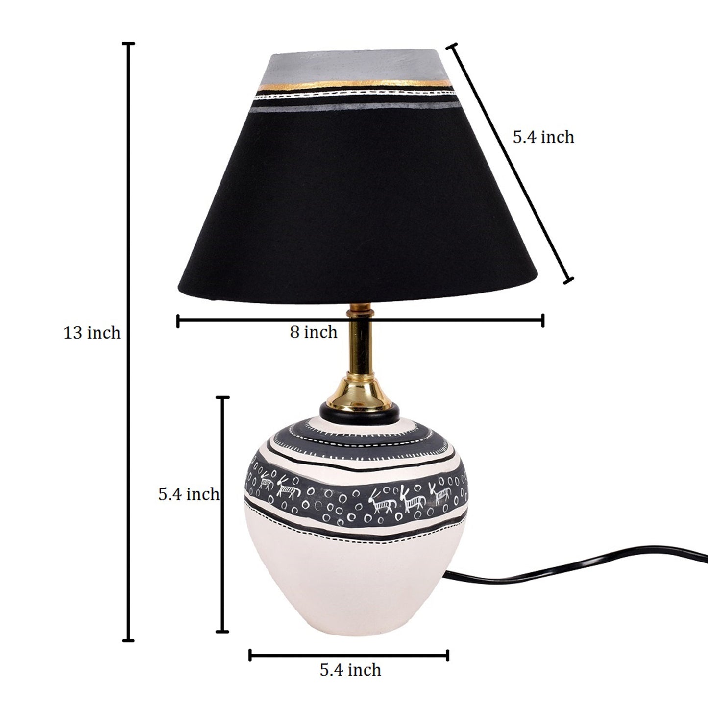 Table Lamp B&W Earthen Handcrafted with White Shade (9x5.3")