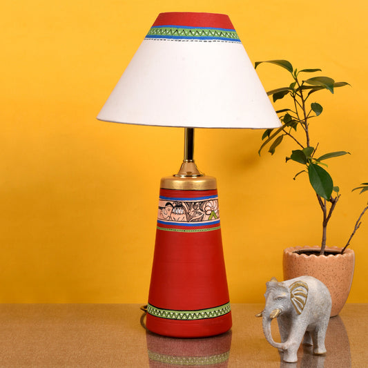 Table Lamp Red Earthen Handcrafted with White Shade (13x4.7")
