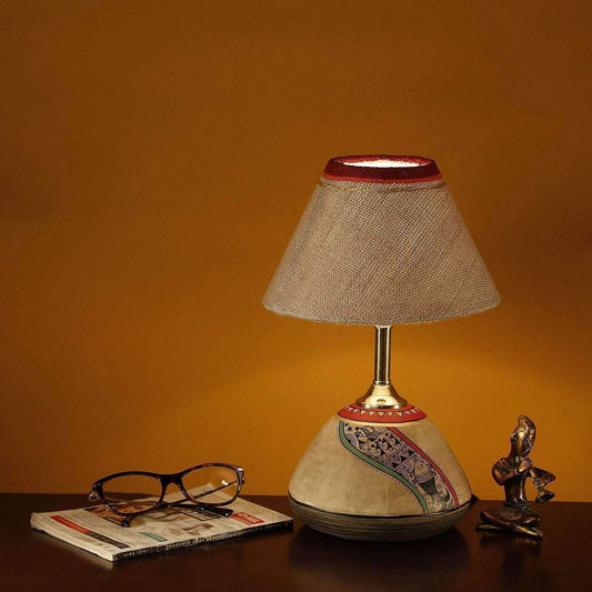 Table Lamp Beige Earthen Handcrafted with White Shade (12.6x6.1")