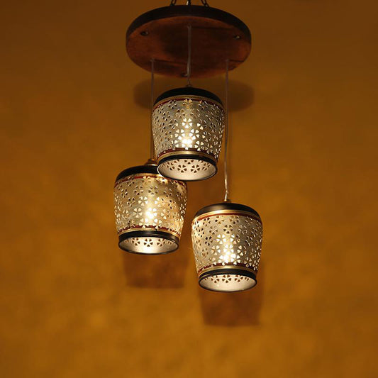 Moon-3 Chandelier With Metal Hanging Lamps In Simmering Gold (3 Shades)