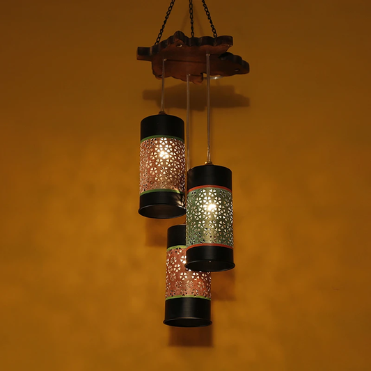 Celo-3 Chandelier With Cylindrical Metal Hanging Lamps (3 Shades)