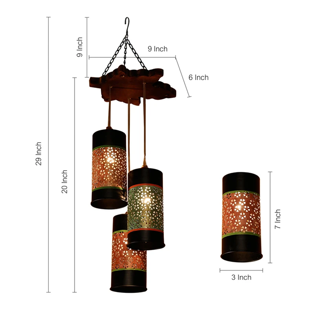 Celo-3 Chandelier With Cylindrical Metal Hanging Lamps (3 Shades)