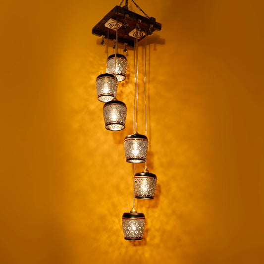 Moon-6 Chandelier With Metal Hanging Lamps In Simmering Gold (6 Shades)