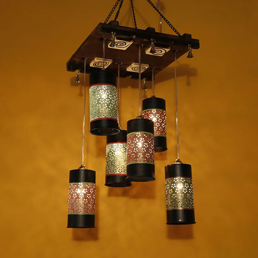 Celo-6 Chandelier With Cylindrical Metal Hanging Lamps (6 Shades)