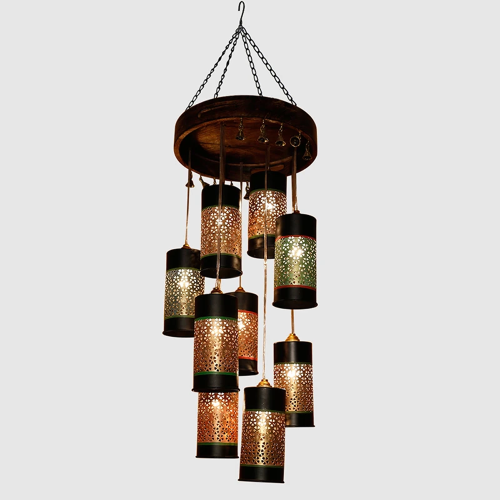 Celo-9 Chandelier With Cylindrical Metal Hanging Lamps (9 Shades)