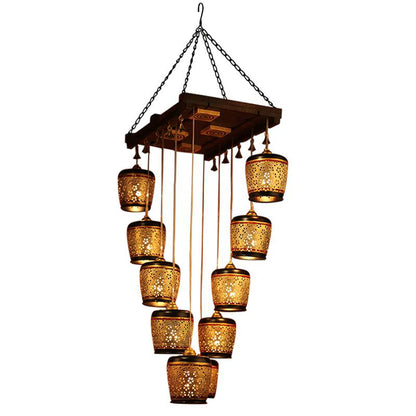 Moon-10A Chandelier With Metal Hanging Lamps In Simmering Gold (10 Shades)