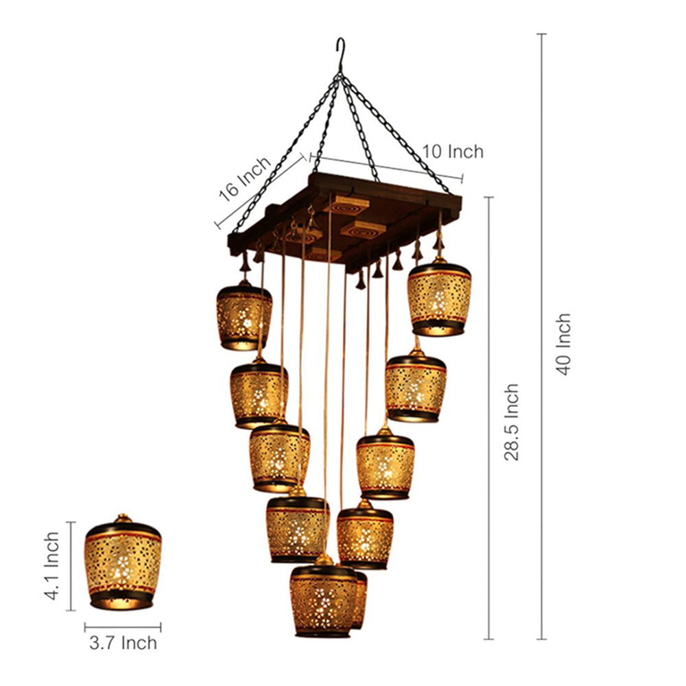 Moon-10A Chandelier With Metal Hanging Lamps In Simmering Gold (10 Shades)