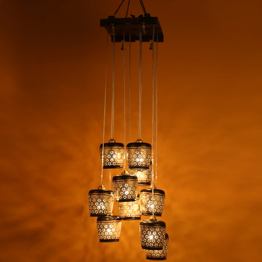 Moon-10 Chandelier With Metal Hanging Lamps In Simmering Gold (10 Shades)
