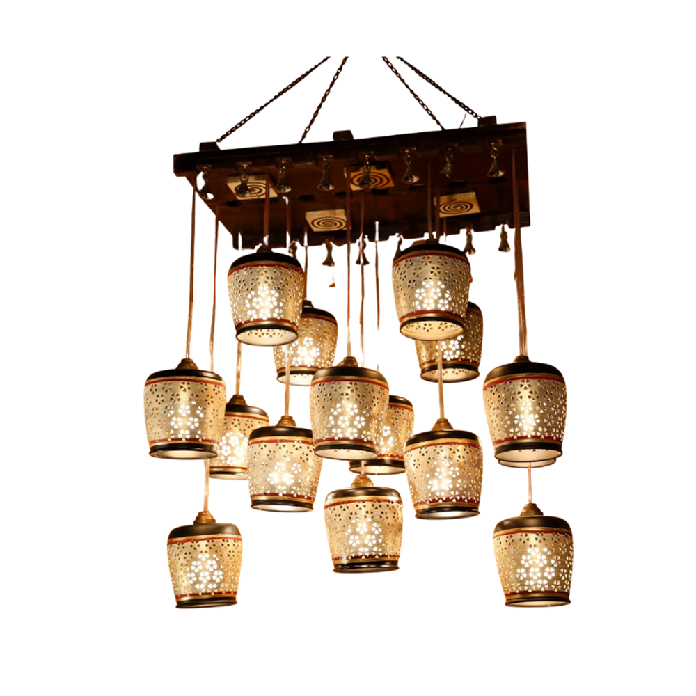 Moon-15 Chandelier With Metal Hanging Lamps In Simmering Gold (15 Shades) 18x12x39