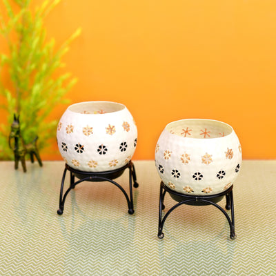 White Polka Tealights (Set of 2) with Metal Stands