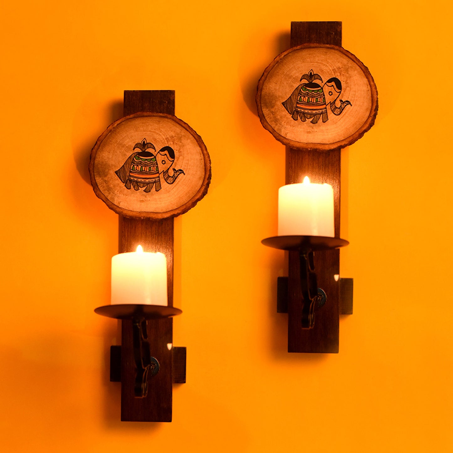 Wall Mounted Wooden Candle Stand With Tribal Art