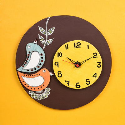 Wall Clock Handcrafted Wooden Tribal Art with Birds Motif (10 x 1.5 in)