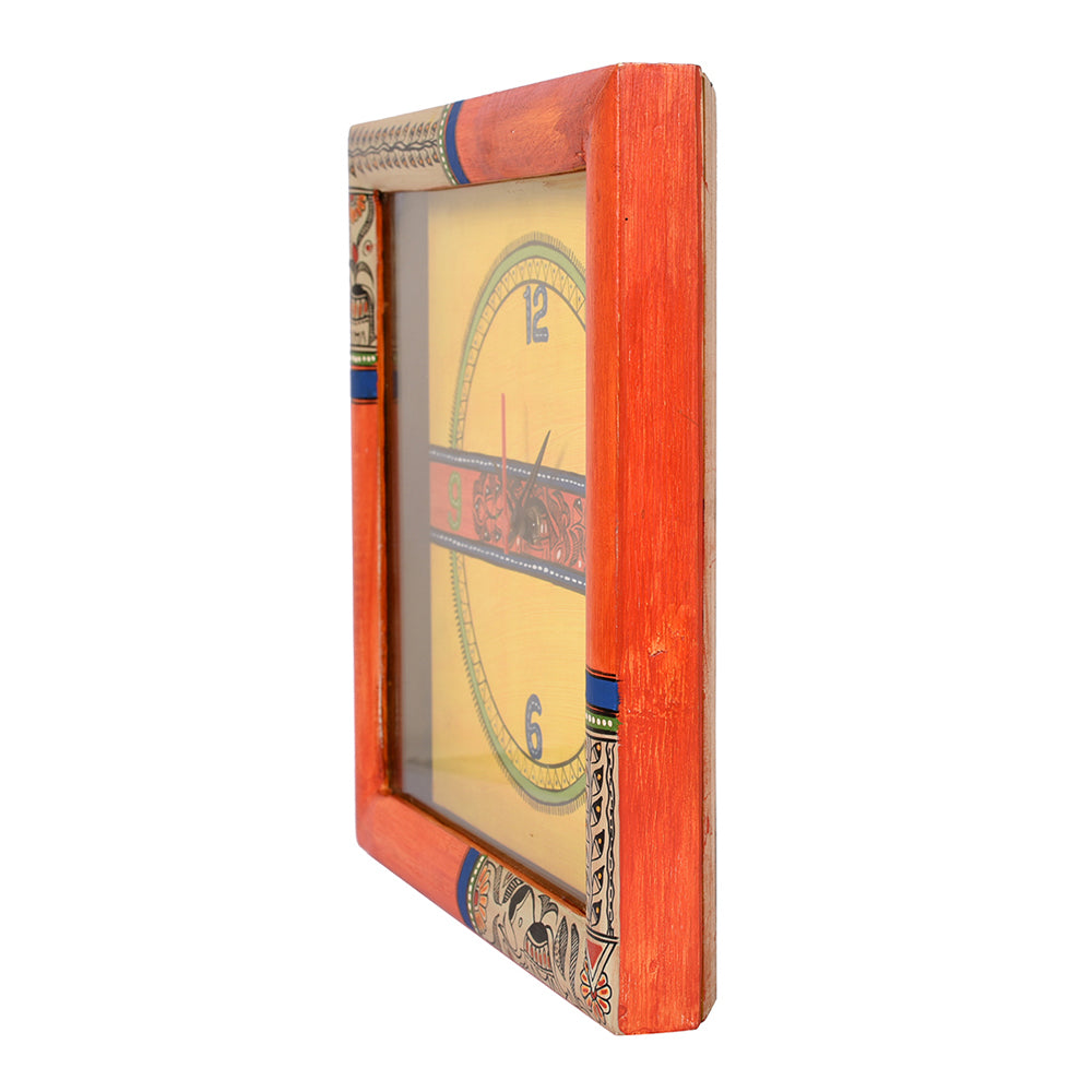 Wall Clock Handcrafted with Madhubani Art Orange Frame with Glass (10x2x10)