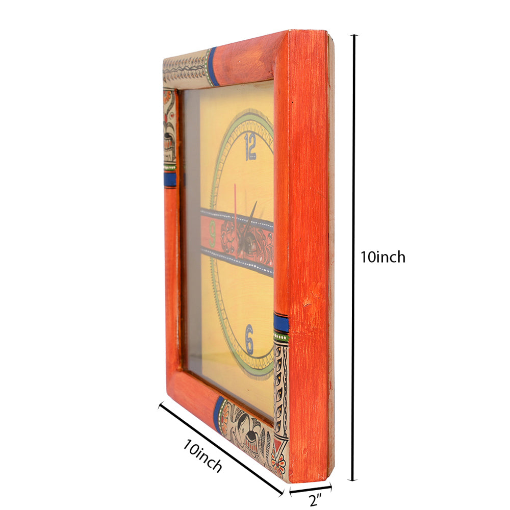 Wall Clock Handcrafted with Madhubani Art Orange Frame with Glass (10x2x10)