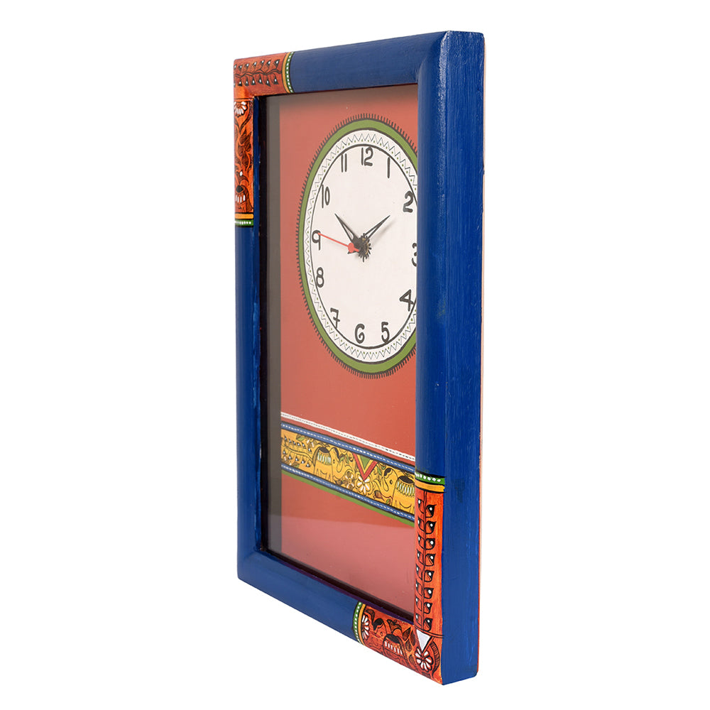 Wall Clock Handcrafted Madhubani Blue/Red with Glass (10x2x15)