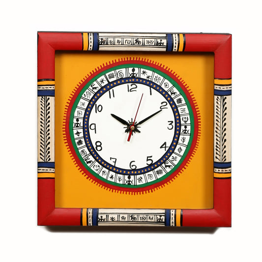 Wall Clock Handcrafted Warli Art Yellow Dial with Glass Frame (10x10in)