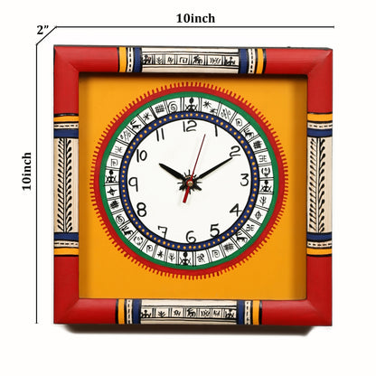 Wall Clock Handcrafted Warli Art Yellow Dial with Glass Frame (10x10in)