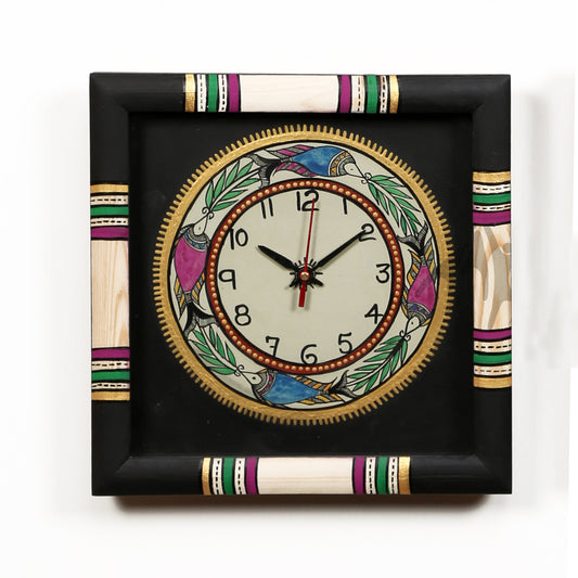 Wall Clock Handcrafted Warli Art Black Dial with Glass Frame (10x10in)