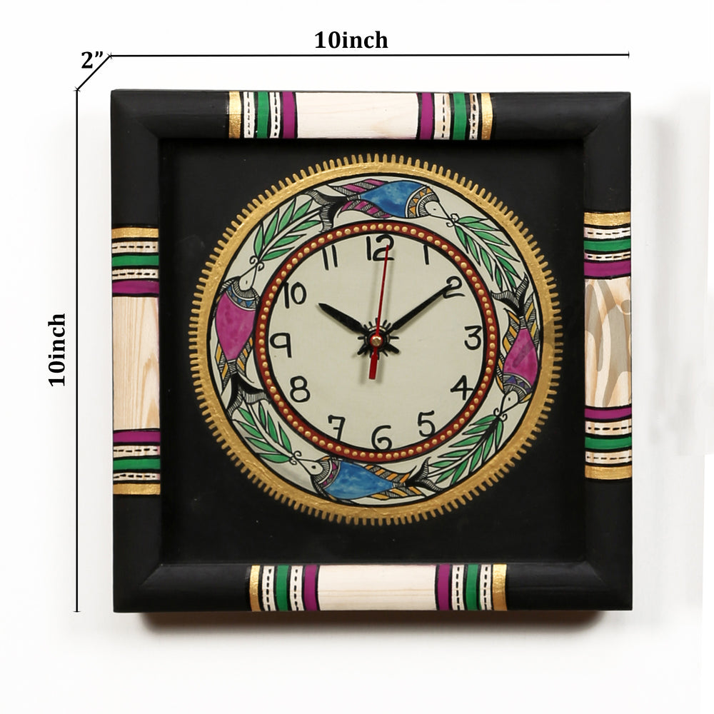 Wall Clock Handcrafted Warli Art Black Dial with Glass Frame (10x10in)