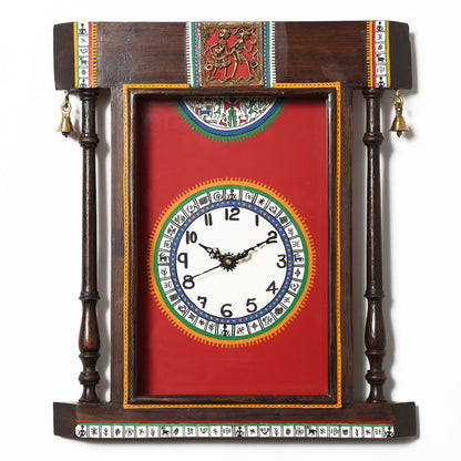 Wall Clock Handcrafted Warli Art Red Dial with Glass Frame (14x16)