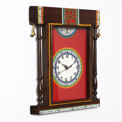 Wall Clock Handcrafted Warli Art Red Dial with Glass Frame (14x16)