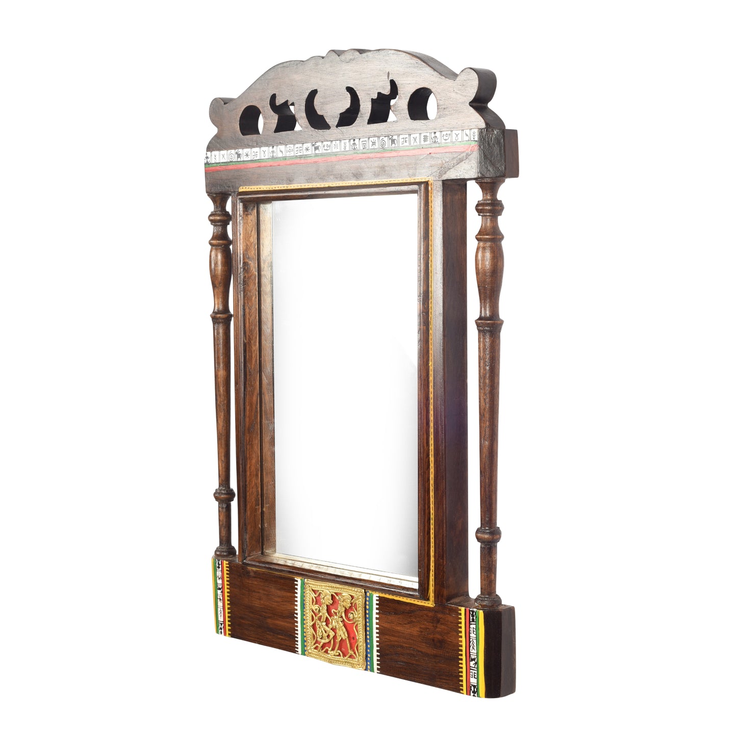 Handcrafted Mango Wooden Vertical Wall Mirror with Dhokra Art (18.5 x 1 in)